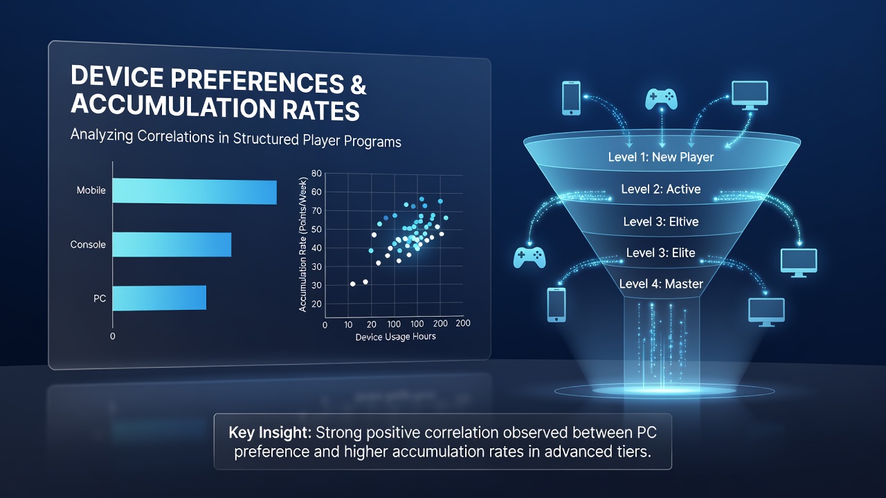 Infographic displaying device usage statistics and reward point accumulation trends across mobile, desktop, and tablet platforms in casino loyalty programs