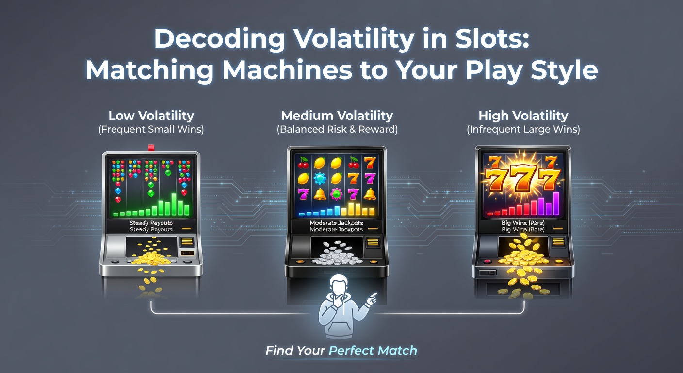 Colorful slot machine reels spinning with overlaid graphs illustrating low, medium, and high volatility patterns in payouts