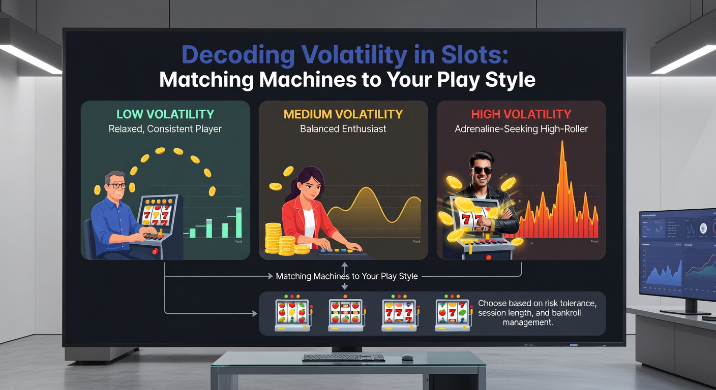 Player at a casino slot screen examining volatility meter and payout table, with medium-volatility game features highlighted