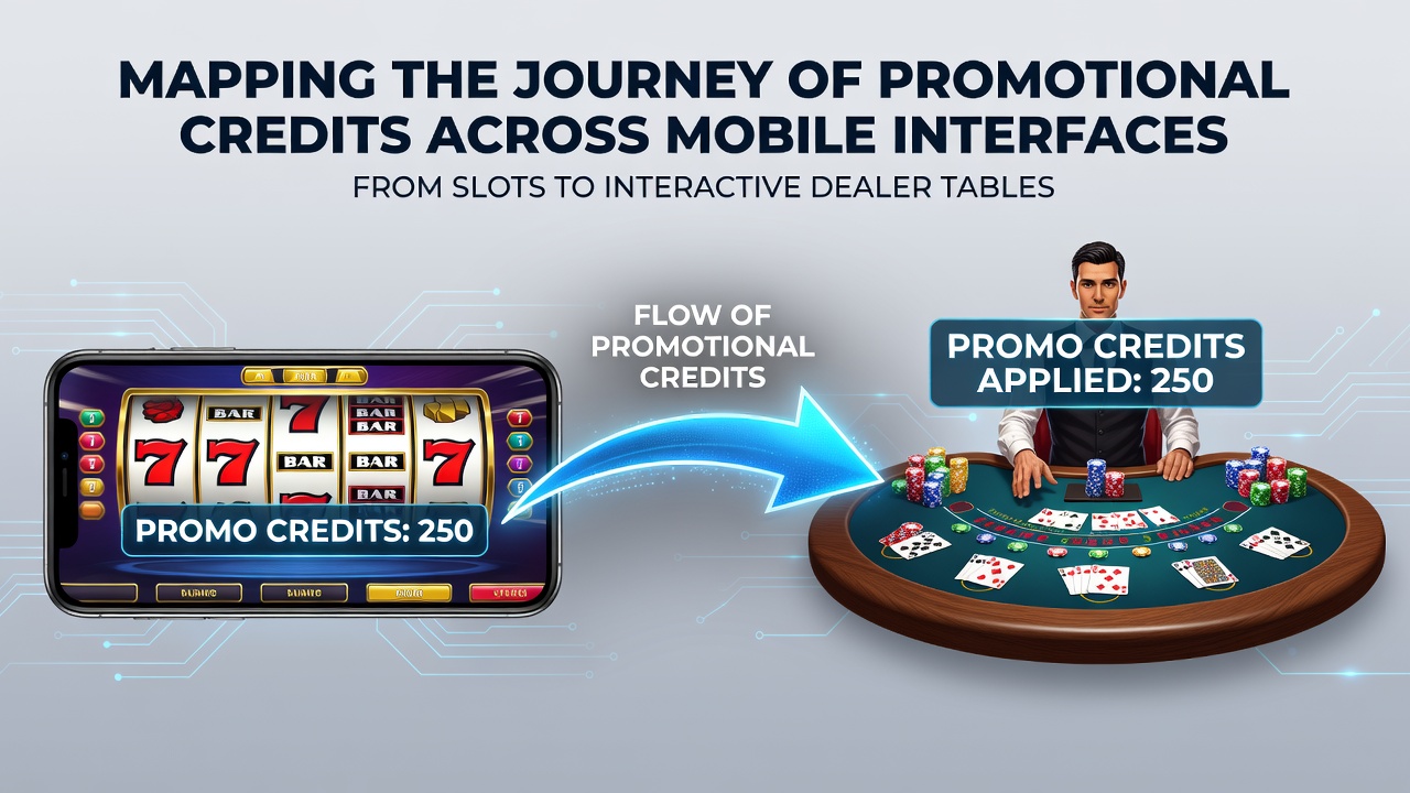 Mobile casino interface showing promotional credit transfer from slot machine to live dealer table