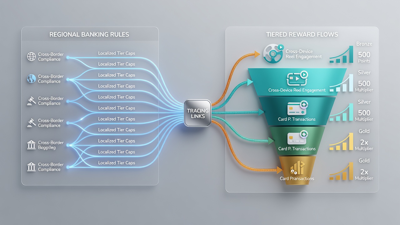 Flowchart illustrating tiered reward accumulation across mobile and desktop devices under varying banking regulations