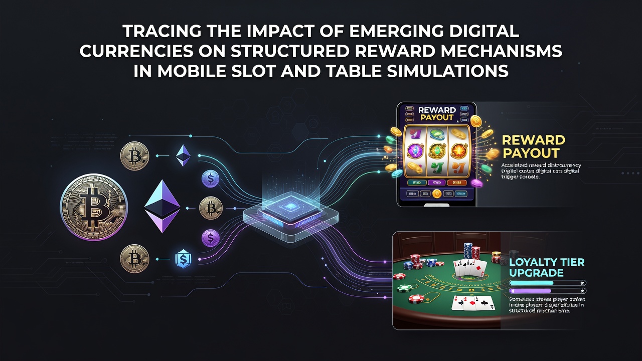 Mobile slot and table game interfaces displaying digital currency reward integrations on smartphones
